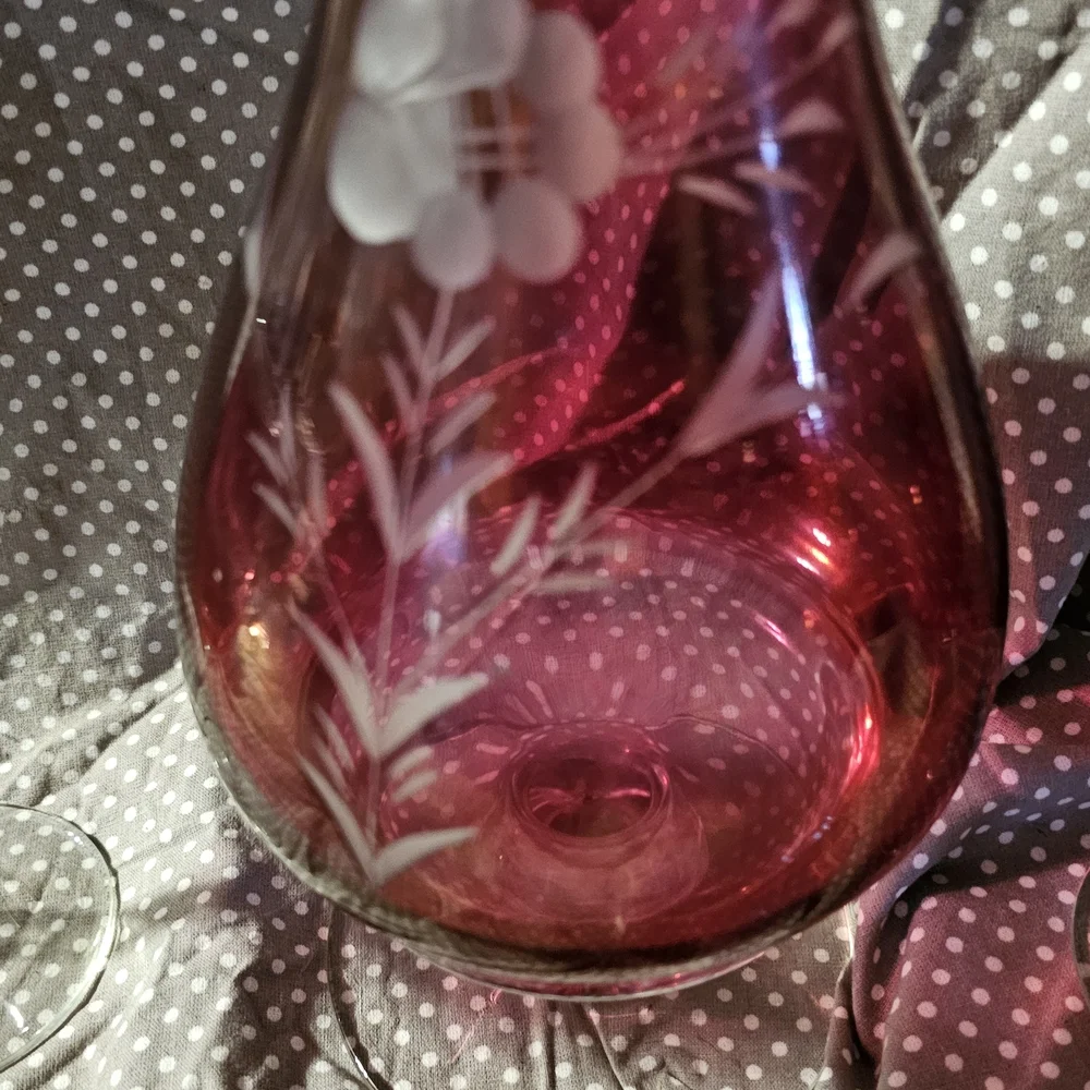Ruby Red Etched Glass Decanter Set - 6 Stemmed Glasses